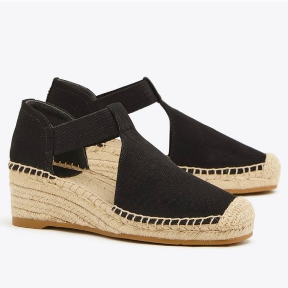 Tory Burch Black and Tan Espadrille Wedges
